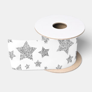 Funkelnd Silver Stars Weihnachtsmuster auf Weiß Satinband