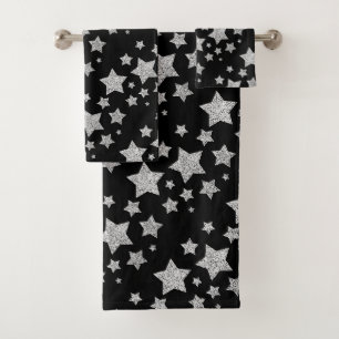 Funkelnd Silver Stars Weihnachtsmuster schwarz Badhandtuch Set