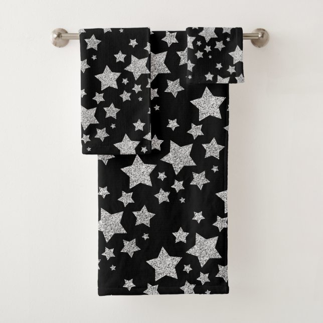 Funkelnd Silver Stars Weihnachtsmuster schwarz Badhandtuch Set (Insitu)
