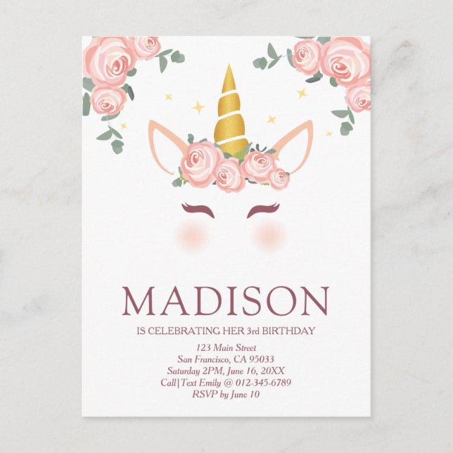 Funkelnd Sterne und Blume Einhorn Geburtstag Postkarte (Vorderseite)