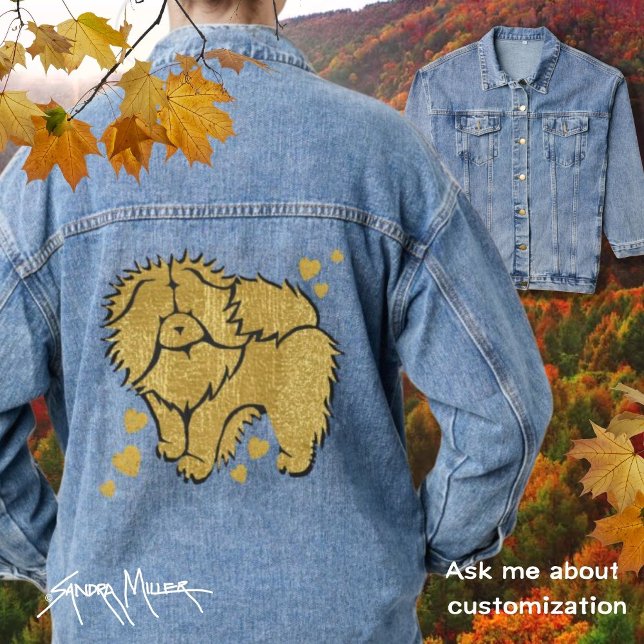 FUNKELND THANG Rohschnecke Imitate metallhaltig Jeansjacke (BEAUTIFUL denim jacket featuring a golden toned chow chow. Lots of Bling!!)