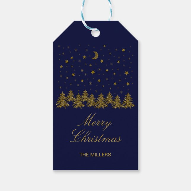 Funkelnd Weihnachtsbaum, Mond, blaue Sterne Geschenkanhänger (Vorderseite)