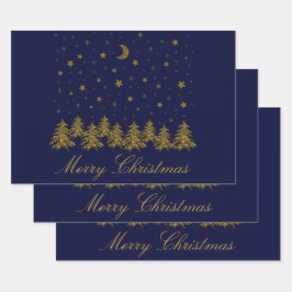 Funkelnd Weihnachtsbaum, Mond, blaue Sterne Geschenkpapier Set