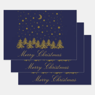 Funkelnd Weihnachtsbaum, Mond, blaue Sterne Geschenkpapier Set