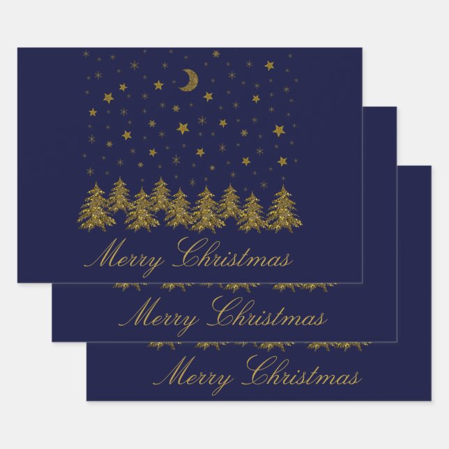 Funkelnd Weihnachtsbaum, Mond, blaue Sterne Geschenkpapier Set (Set)