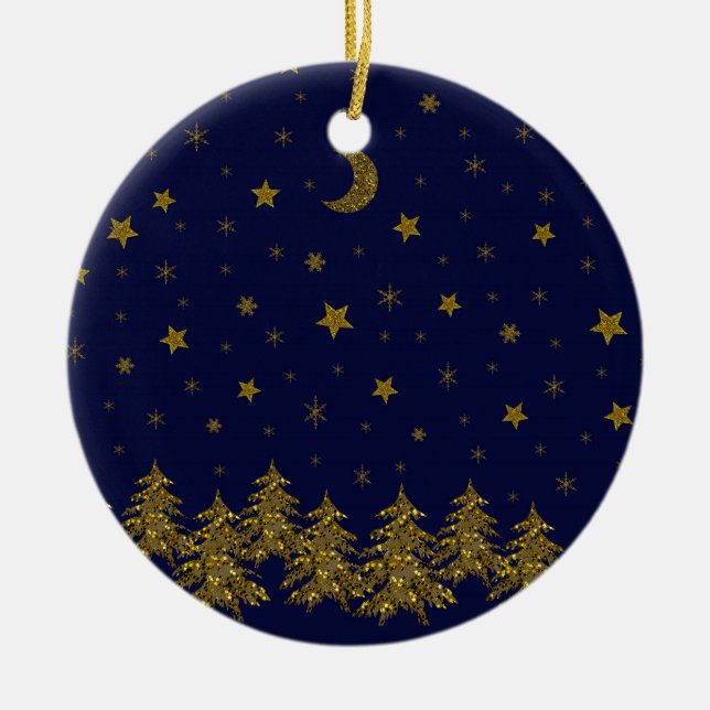 Funkelnd Weihnachtsbaum, Mond, blaue Sterne Keramik Ornament (Vorne)