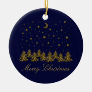 Funkelnd Weihnachtsbaum, Mond, blaue Sterne Keramik Ornament