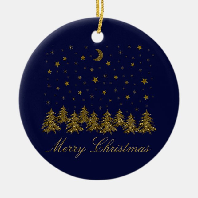 Funkelnd Weihnachtsbaum, Mond, blaue Sterne Keramik Ornament (Vorne)