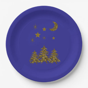 Funkelnd Weihnachtsbaum, Mond, blaue Sterne Pappteller