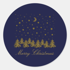 Funkelnd Weihnachtsbaum, Mond, blaue Sterne Runder Aufkleber