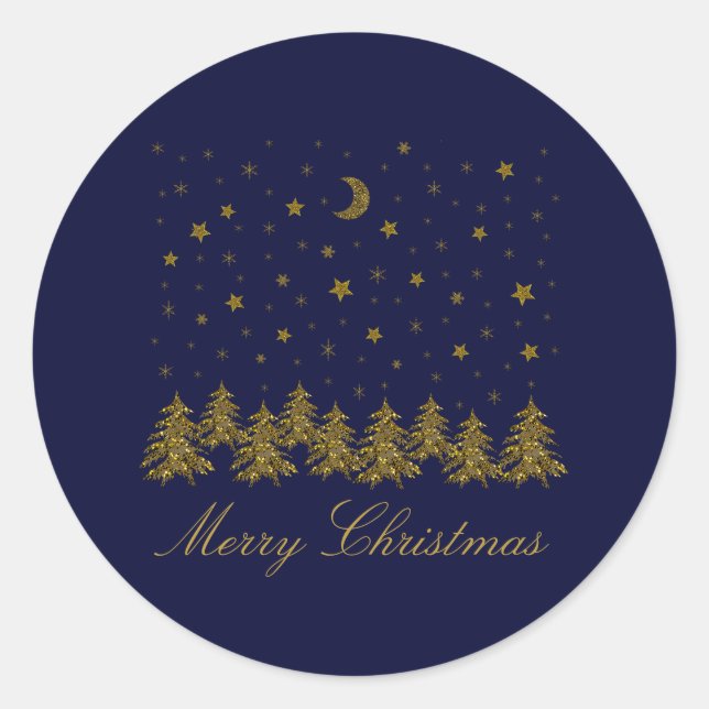 Funkelnd Weihnachtsbaum, Mond, blaue Sterne Runder Aufkleber (Vorderseite)