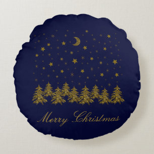 Funkelnd Weihnachtsbaum, Mond, blaue Sterne Rundes Kissen