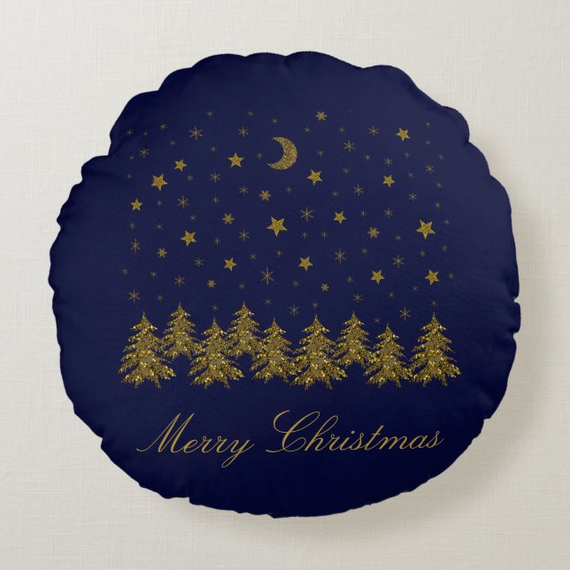 Funkelnd Weihnachtsbaum, Mond, blaue Sterne Rundes Kissen (Vorderseite)