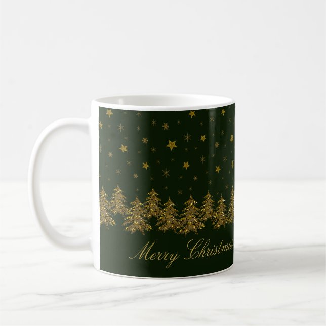 Funkelnd Weihnachtsbaum, Mond, grüne Sterne Kaffeetasse (Links)