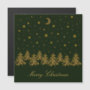 Funkelnd Weihnachtsbaum, Mond, grüne Sterne Magnetkarte