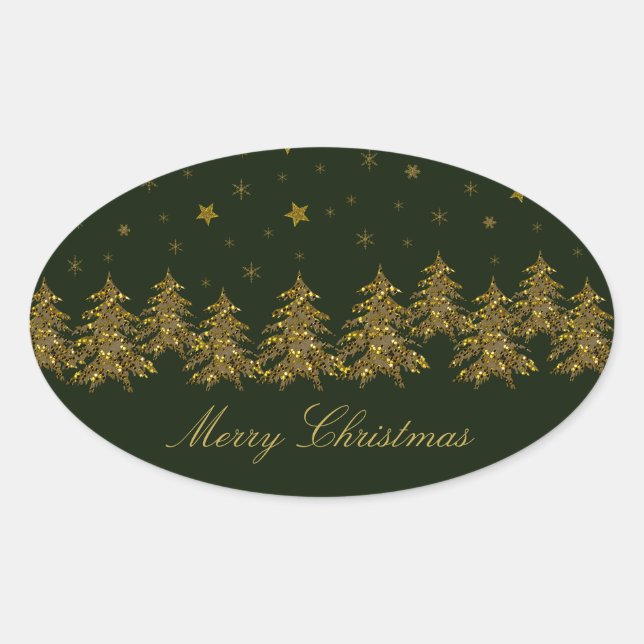 Funkelnd Weihnachtsbaum, Mond, grüne Sterne Ovaler Aufkleber (Vorderseite)