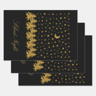 Funkelnd Weihnachtsbaum, Mond, schwarze Sterne Geschenkpapier Set