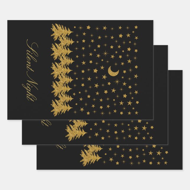 Funkelnd Weihnachtsbaum, Mond, schwarze Sterne Geschenkpapier Set (Set)