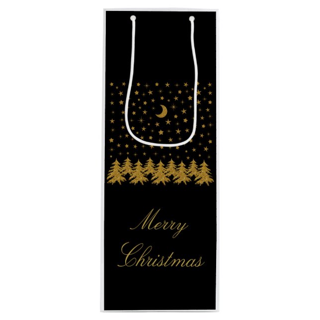 Funkelnd Weihnachtsbaum, Mond, schwarze Sterne Geschenktüte Für Weinflaschen (Vorderseite)