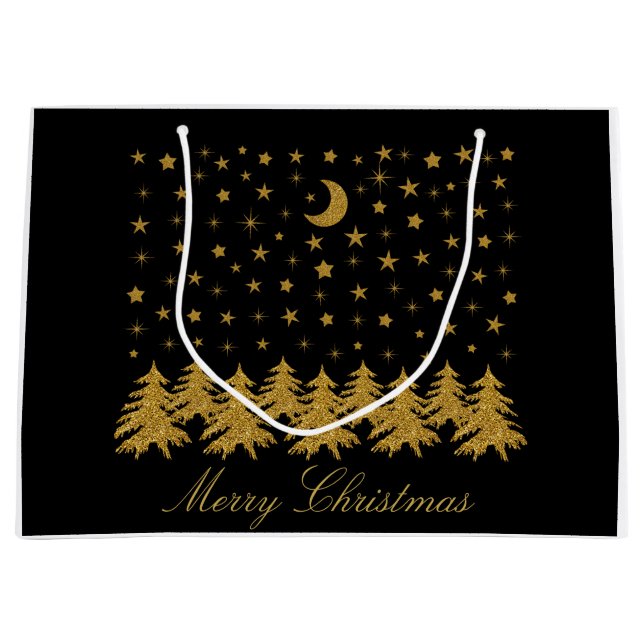 Funkelnd Weihnachtsbaum, Mond, schwarze Sterne Große Geschenktüte (Vorderseite)