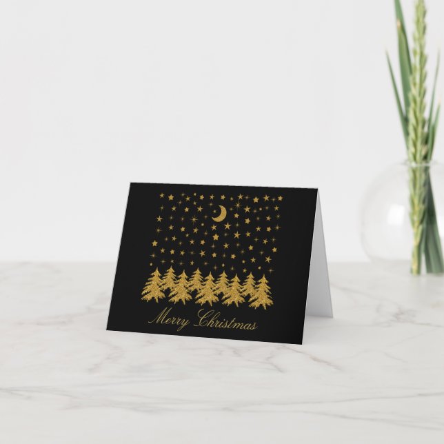 Funkelnd Weihnachtsbaum, Mond, schwarze Sterne Karte (Vorderseite)