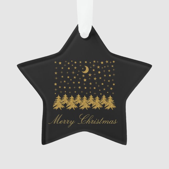 Funkelnd Weihnachtsbaum, Mond, schwarze Sterne Ornament (Vorderseite)