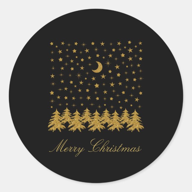 Funkelnd Weihnachtsbaum, Mond, schwarze Sterne Runder Aufkleber (Vorderseite)