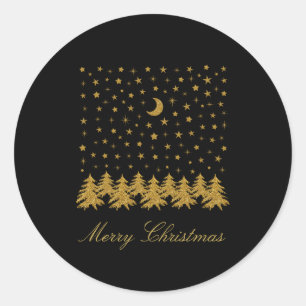 Funkelnd Weihnachtsbaum, Mond, schwarze Sterne Runder Aufkleber