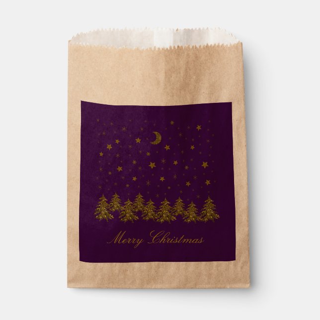 Funkelnd Weihnachtsbaum, Mond, Sterne auf lila Geschenktütchen (Vorderseite)