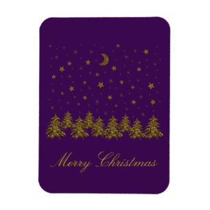 Funkelnd Weihnachtsbaum, Mond, Sterne auf lila Magnet
