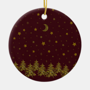 Funkelnd Weihnachtsbaum, Mond, Sterne auf Rot Keramikornament