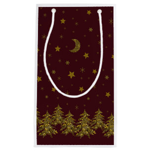Funkelnd Weihnachtsbaum, Mond, Sterne auf Rot Kleine Geschenktüte
