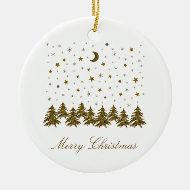 Funkelnd Weihnachtsbaum, Mond, Sterne Keramik Ornament (Vorne)