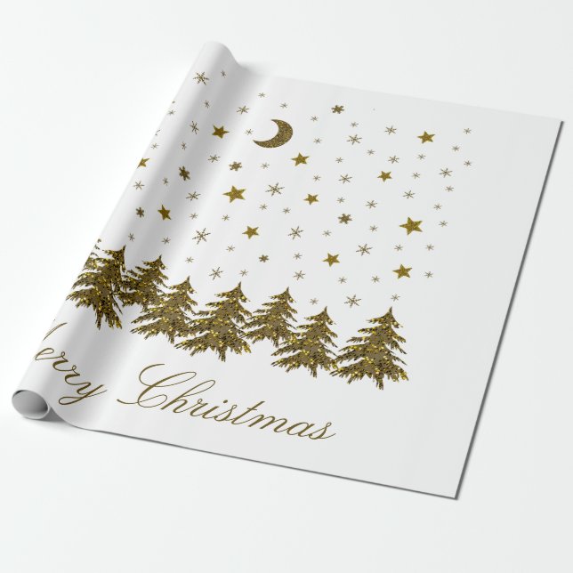 Funkelnd Weihnachtsbaum, Mond, Sterne Weihnachten Geschenkpapier (Ungerollt)