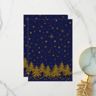 Funkelnd Weihnachtsbaum, Sterne, Schnee auf blau Dankeskarte