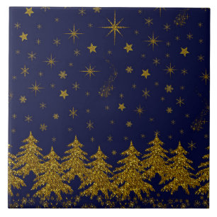 Funkelnd Weihnachtsbaum, Sterne, Schnee auf blau Fliese