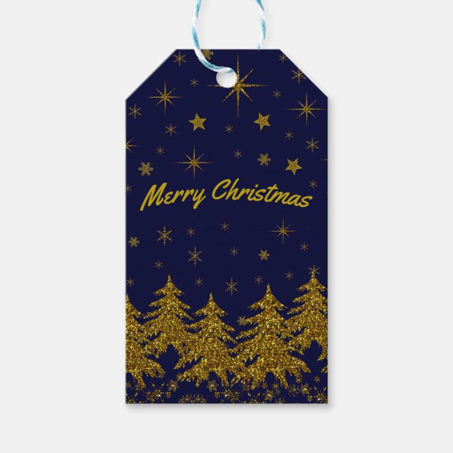 Funkelnd Weihnachtsbaum, Sterne, Schnee auf blau Geschenkanhänger (Vorderseite)