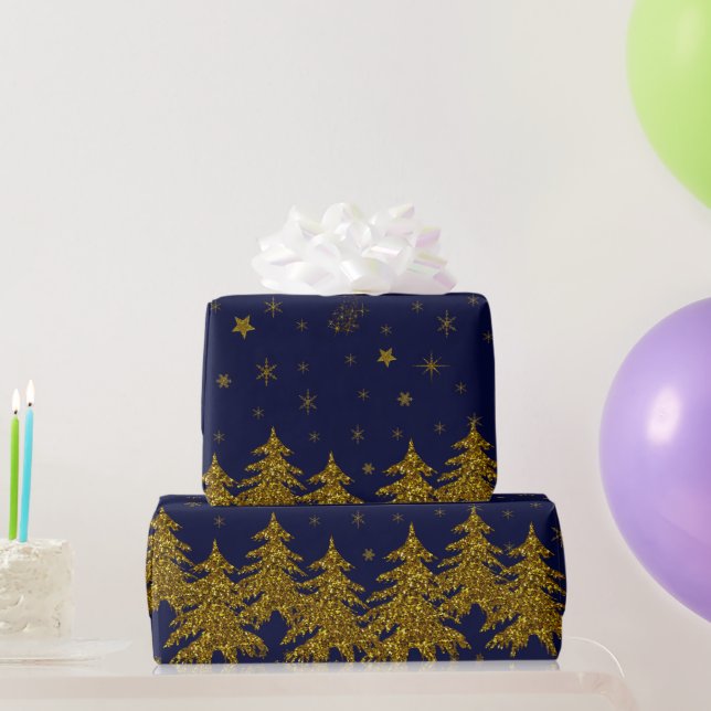 Funkelnd Weihnachtsbaum, Sterne, Schnee auf blau Geschenkpapier (Partygeschenke)