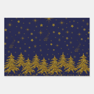 Funkelnd Weihnachtsbaum, Sterne, Schnee auf blau Geschenkpapier Set