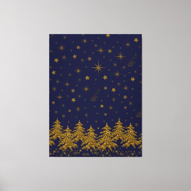 Funkelnd Weihnachtsbaum, Sterne, Schnee auf blau Leinwanddruck (Vorderseite)