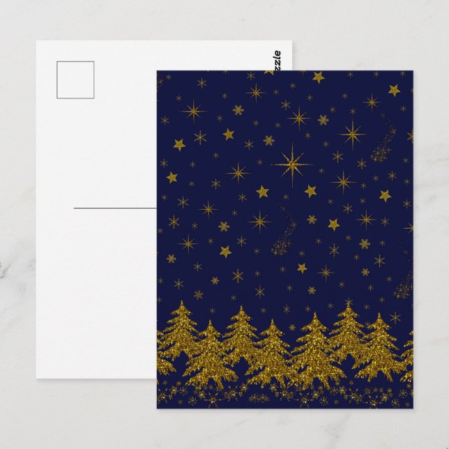 Funkelnd Weihnachtsbaum, Sterne, Schnee auf blau Postkarte (Vorne/Hinten)