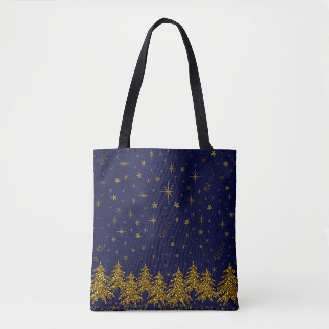 Funkelnd Weihnachtsbaum, Sterne, Schnee auf blau Tasche (Vorderseite)