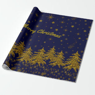 Funkelnd Weihnachtsbaum, Sterne, Schnee auf blau W Geschenkpapier