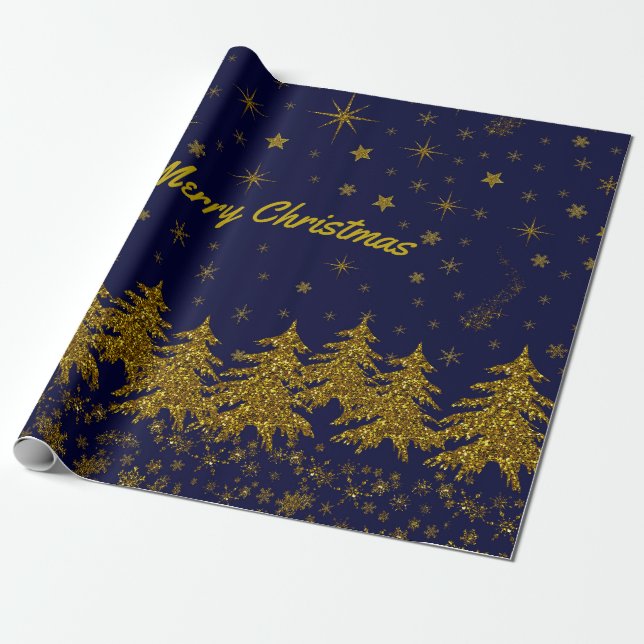 Funkelnd Weihnachtsbaum, Sterne, Schnee auf blau W Geschenkpapier (Ungerollt)