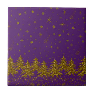 Funkelnd Weihnachtsbaum, Sterne, Schnee auf lila Fliese