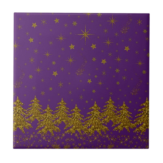 Funkelnd Weihnachtsbaum, Sterne, Schnee auf lila Fliese (Vorderseite)