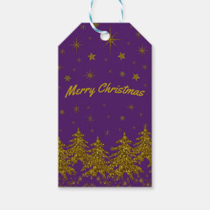 Funkelnd Weihnachtsbaum, Sterne, Schnee auf lila Geschenkanhänger