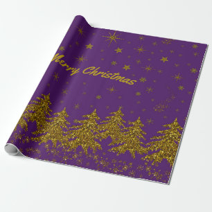 Funkelnd Weihnachtsbaum, Sterne, Schnee auf lila Geschenkpapier
