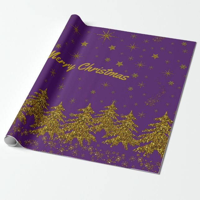 Funkelnd Weihnachtsbaum, Sterne, Schnee auf lila Geschenkpapier (Ungerollt)