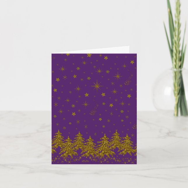 Funkelnd Weihnachtsbaum, Sterne, Schnee auf lila Karte (Vorderseite)